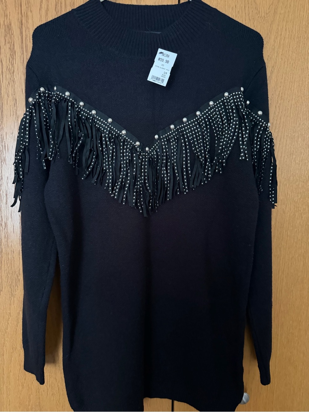 AKIRA Black Fringe & Stud Crewneck Sweater